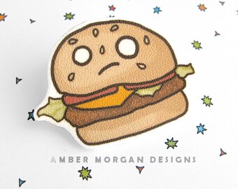 Cute Food Brooch, Cheeseburger Pin, Sad Burger, Cute Burger, Funny Cheeseburger, Wearable Art, Kawaii Brooch, Funny Food Pin