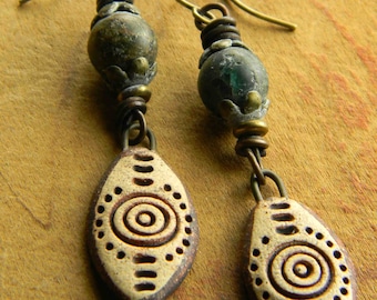 Cave Drawing Earrings Artisan Ceramic Ancient Blue Apatite Copper