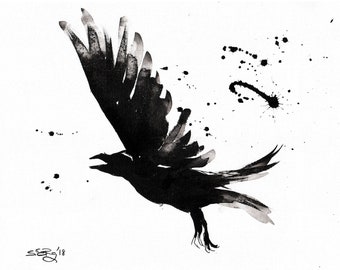 Crow painting - Ink on 8x12in canvas, A4, 21x30cm - abstract flying crow 2