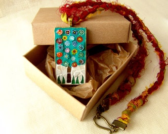 Tree of life pendant, mosaic necklace, stained glass jewelry, millefiori beads, free shipping
