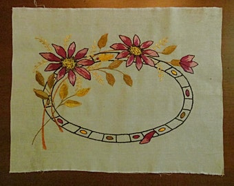 Linen Panel, Embroidered Floral Design, Arts and Crafts, Mission, Craftsman Style, Purple and Gold