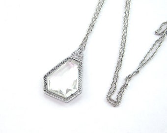 Vintage 1920s filigree pendant | Art Deco filigree crystal pendant | 1920s silver filigree necklace