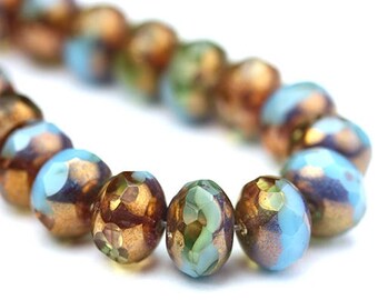Czech Glass Beads Fire Polished Gemstone Donuts 9x6mm Blue and Jonquil Copper (12) CZF707