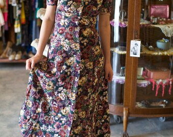 90s floral romantic long button festival dress