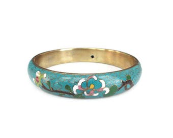 Chinese Wide Blue Cloisonne Bangle Bracelet - Chinese Export Jewelry, Turquoise Enamel, Flower Bracelet, Vintage Bracelet, Vintage Jewelry