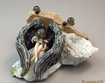 Gothic jewelry necklace Fallen Angel necklace Polymer clay necklace Angel pendant Fantasy wings necklace Statement large necklace