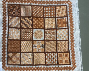 vintage needlepoint finished, retro decor,Sampler brown needlepoint abstract design 12 inches square,
