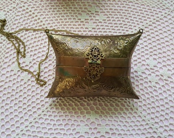 Sale ~~ Brass Copper Purse Metal Hinged Pillow Blue Purple Velvet Lining Box Clutch Clasp Chain Strap Evening Bag