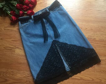 Black lace skirt, boho skirt, hippie skirt, Knee length skirt, Upcycled Denim Skirt, Biker Skirt, Size 2, Rocker Skirt, lace jean skirt
