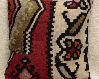 Kilim Pillow Cover, 16”x16”, Decorative Pillow, Throw Pillow, Cushion Cover, Vintage Pillow Cover, Bohemian Pillow, Boho Pillow