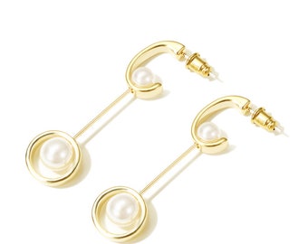 Modern Gold Dangle Earring/Gold Drop Earring/Pearl Earring/Gold Contemporary Earring/Gold Modern Earring