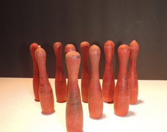 Small Wood Bowling Pins Skittles game Vintage Toy Bowling Pins Red wood Pins Bowling Toys Kids Toys Vintage collectible Toys Games