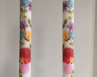 Patterned Decorated Taper Candles Ethnic Hungarian Kalocsa folk motif pattern Candle Set of Two 10" Decorated Taper Candle