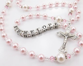 Pink and White Swarovski Pearl Personalized Baptism Rosary Beads - Baptism, First Communion, Confirmation Catholic Gift for a Girl