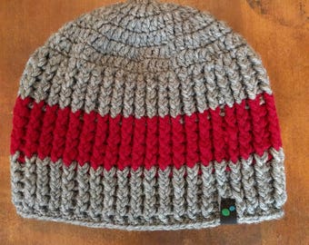 Gray and Burgundy Crochet Beanie