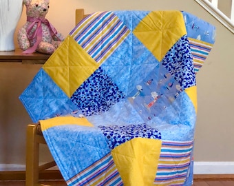 baby quilt, baby, modern baby quilt, blue, yellow, sailboats, lighthouses, boy, girl, modern baby quilts