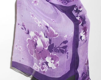 Vintage scarf, Shawl of silk chiffon in purple