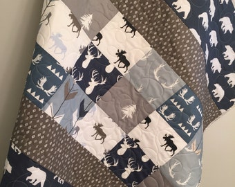 Woodland baby quilt, baby boy bedding, moose buck antlers, arrows, deer stag elk, navy, blue, gray grey greige, woodland nursery, toddler