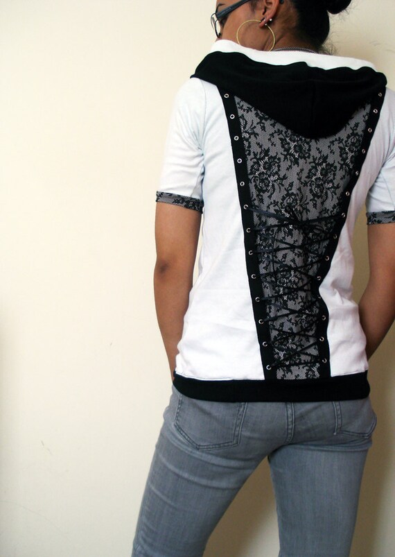 Lace panelled hoodie with corset lacing Made to Order