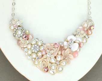 Pink Bridal Necklace-Pink Floral Statement Necklace-Pink Bridal Jewelry-Bridesmaid necklace- Pearl bridal necklace- Pink floral bib necklace
