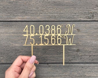 Personalized Coordinates Wedding Cake Topper 5" inches wide, Travel Theme Cake Topper, Rustic Cute Unique Toppers Location Topper