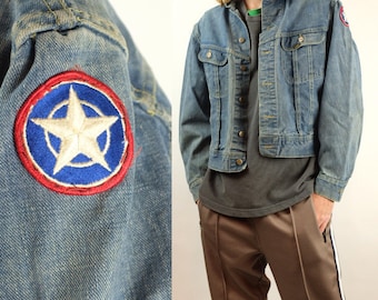 Vintage 80s LEE Denim Jacket - Lee Cropped Fit Jean Jacket - 90s Medium Wash Denim Jacket - Patch Denim Jacket Rare - Size Medium