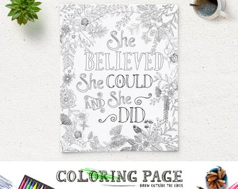 Printable Coloring Page She Believed Could Instant Download Digital Art Bible Verse Pages Zen