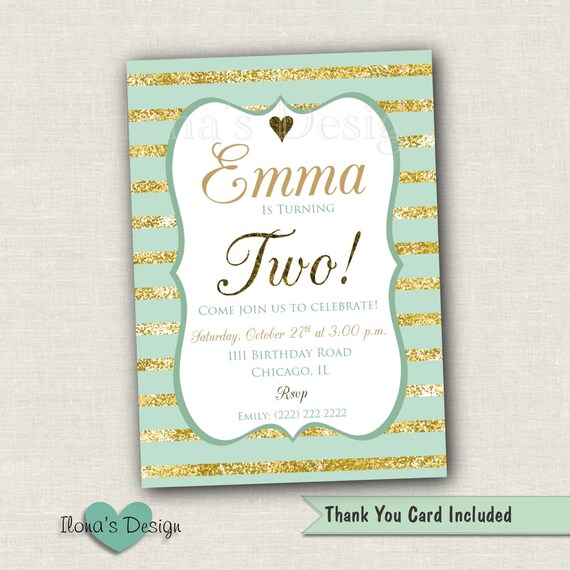 Mint and Gold Birthday Invitation Gold Glitter Birthday