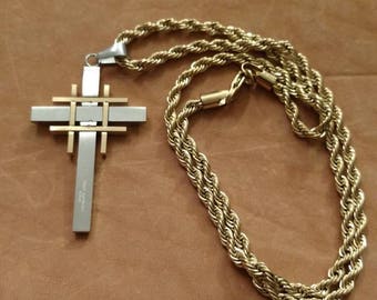 Stainless Steel Cross Necklace, Gentleman's Cross Necklace, Two Tone Stainless Steel, Lazer Cut Cross, Gold Rope Chain, Biker Jewelry