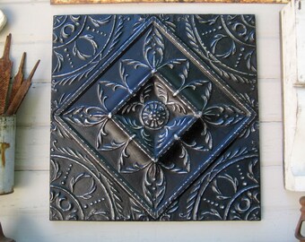 Architectural salvage wall decor, 24" Antique ceiling tin tile, Tin 10th anniversary gift, Black wall decor, French country farmhouse decor