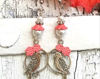 Pink Parrot Earrings, Bird EaRRings, PARROT JEWELRY, BiRd JeWelRy, Antique Silver