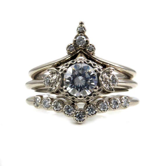 Temple of the Stargazer - Moon and Star Engagement Ring Set - Diamonds or Forever One Moissanite