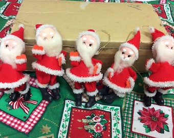 Vintage Santa Ornaments Set of 5 Made in Japan Metallic Cord