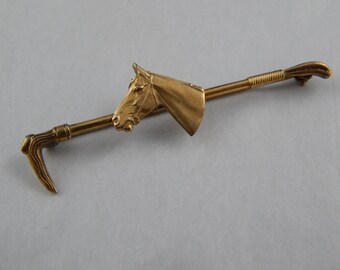 Vintage Signed Krementz Gold Plated Horse Head & Riding Crop Brooch Pin