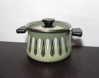 Vintage Avocado or Olive Green Small Stcock Pot with Black Handles and Retro Design - Mid Century Modern Retro Style Cookware