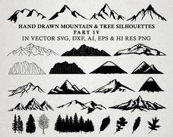 Hand Drawn Mountain Clipart - Mountain Silhouette & Nature Rustic Tree Clipart Clip art PNG Vector EPS, AI Design Element Instant Download
