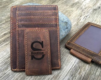 Monogrammed Leather Money Clip, Personalized Rustic Leather ID Card Wallet, Men's Money Clip Gift, Credit Card Custom Wallet, Magnetic A