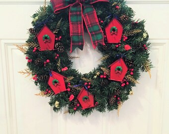 16" evergreen Christmas wreath with red tin birdhouses & a plaid flannel bow