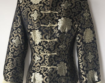 Vintage Brocade Asian Chinese jacket Frog closing Empress gold collar Black Gold Floral Retro 90's evening jacket Lined small chest 34"