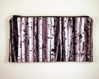 Gray Birch Tree Pencil Pouch, Zipper Pouch, Make Up Bag