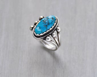 Vintage Turquoise Nugget Ring - sterling silver bright blue oval stone raindrop ball accents - Native American statement ring - Size 7.25