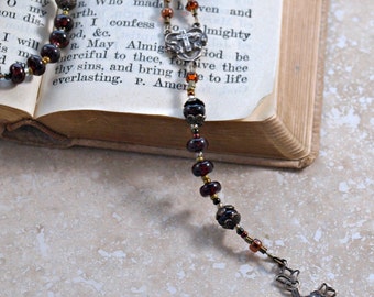 Queen of Flowers - Garnet and Bronze Catholic Rosary by the Peaceful Bead