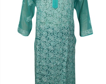 PINE GREEN Beautiful Sheer Georgette Long Tunic Beach Bikini Cover Up Summer Style Long Kaftan Dress XS