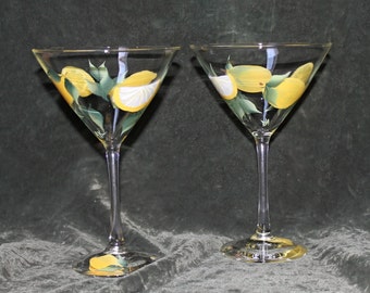 Hand Painted Martini Glasses - with Lemons (Set of 2)