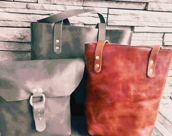 Skinny Tote, Leather Tote Bag, Bucket Bag, Raw Edge Leather Bag, Unlined Leather Bag, Rustic Leather