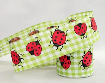 Ladybug Green Gingham Edge Ribbon - 3 Yards Wire Ribbon, Ribbon for Wreaths, Gift Wrap Ribbon, Spring Ribbon, 1.5" wide ribbon