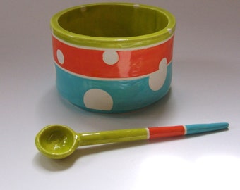 whimsical pottery Serving Bowl w/ handmade ceramic spoon turquoise, orange & chartreuse polka-dots, salt dish, condiment dish, sugar bowl