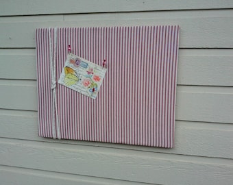 Linen Ticking Pin Board, Bulletin Board, made with a Red and White ticking linen with a cotton cord knotted detail, Nautical cabin decor
