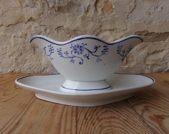 Hand painted French vintage ironstone sauciere, gravy boat in by prestious maker St Amand & Hamage.