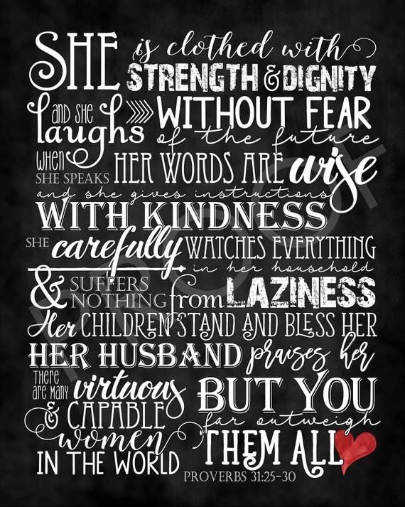 Scripture Art Proverbs 31:25-30 Chalkboard Style